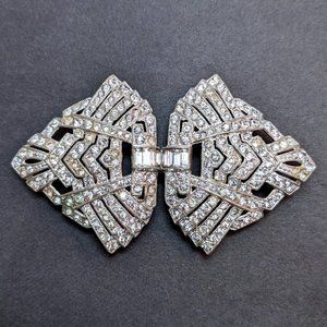 Vintage 1920s Crystal Belt Buckle 2-Part Clasp Silver Metal Art Deco Evening 20s
